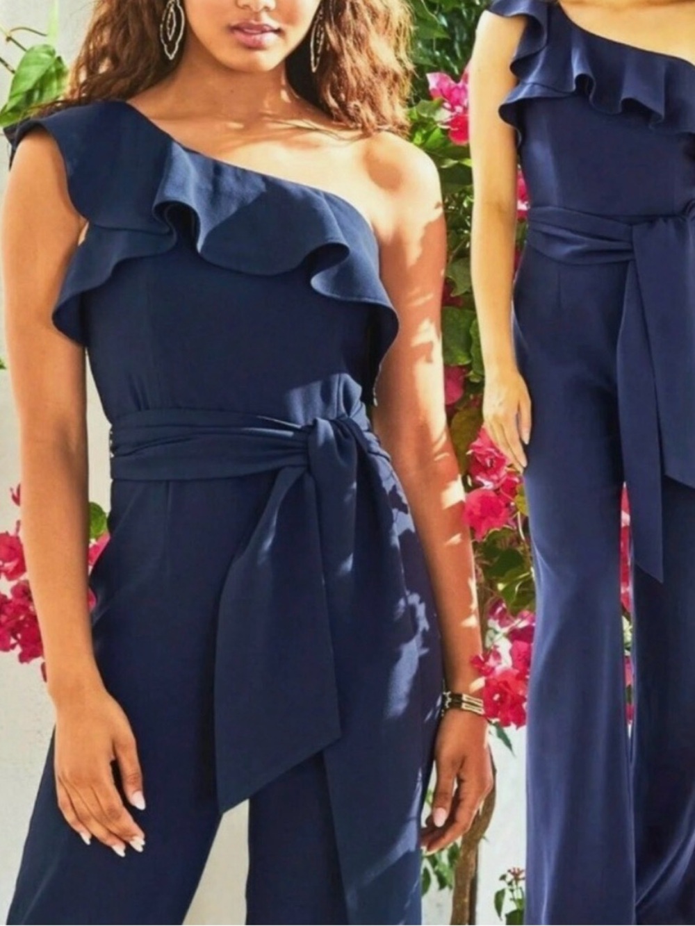 Lilly Pulitzer Navy One-Shoulder Ruffle Jumpsuit with Waist Sash